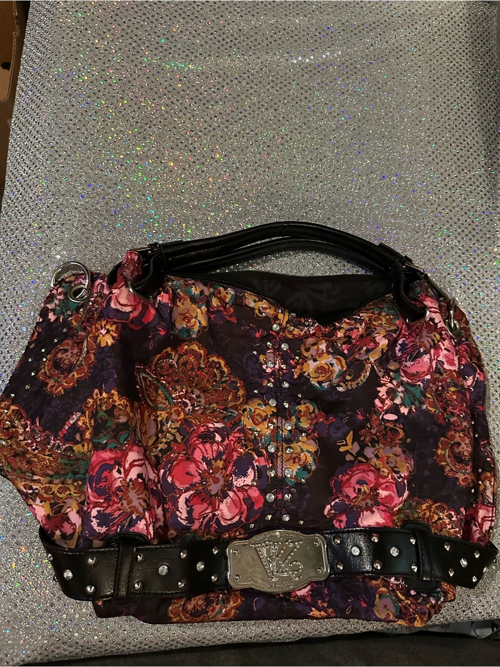 Kathy Van Zeeland Floral Shoulder Bag in Black, Pink, Purple and Orange LN EUC